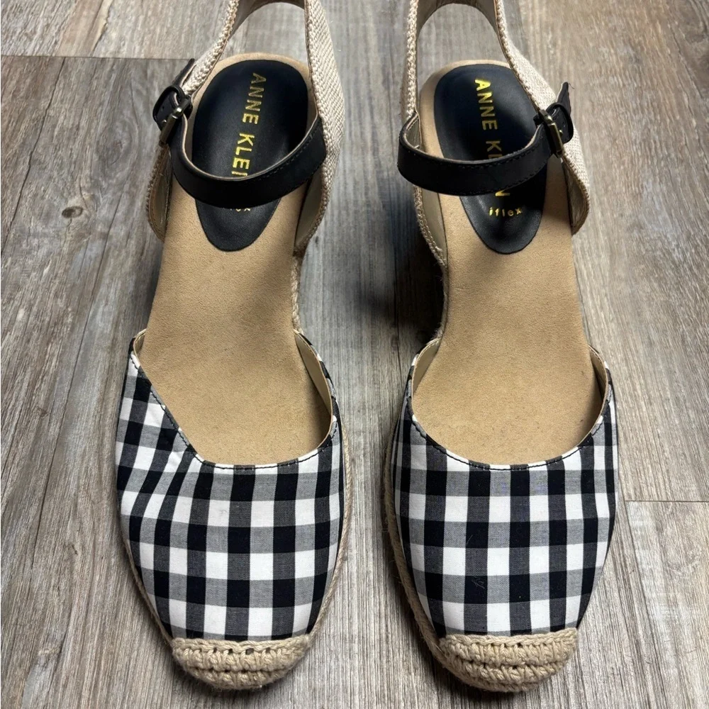 Anne Klein Ardine Gingham Pattern Espadrille Wedge Sandals